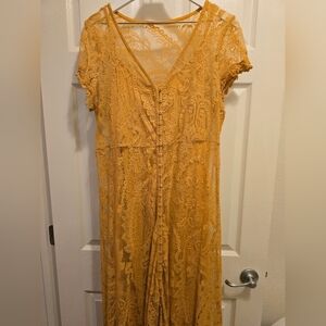 Torrid, maxi yellow lace button front dress, 1X
